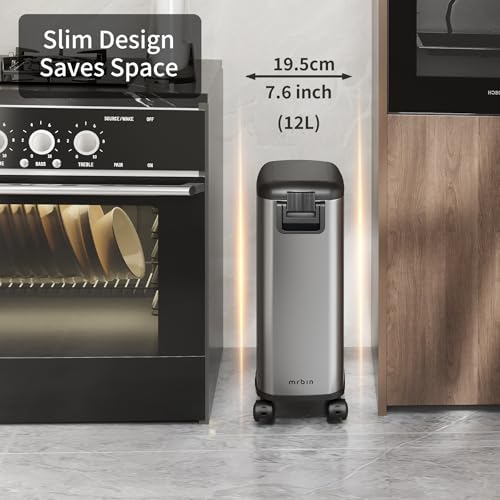 MRBIN Pet Food Storage Bin, Dog Food Bin 12L with Scoop Airtight Pet Food Container Stainless Steel with Wheels, Eclipse Grey