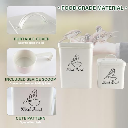 Set of 2 Metal Bird Seed Storage Container,Combined 8lbs Bird Seed Container with Scoop,Wild Bird Food Bins for Storing Sunflower Seed-Sturdy and Squirrel proof-6''x9''+5''x5''-White