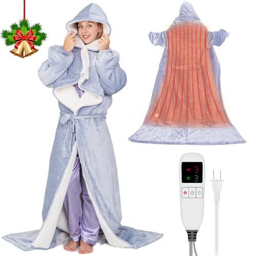Electric Heated Blankets Hoodie for Women with Removable FootPocket,Wearable Heated Blanket Throw with Sleeves Heated Robe Flannel&Sherpa Heating Wrap Poncho Shawl with 9 Temp 50"x80" - color: Light Gray, size: 50"×80"