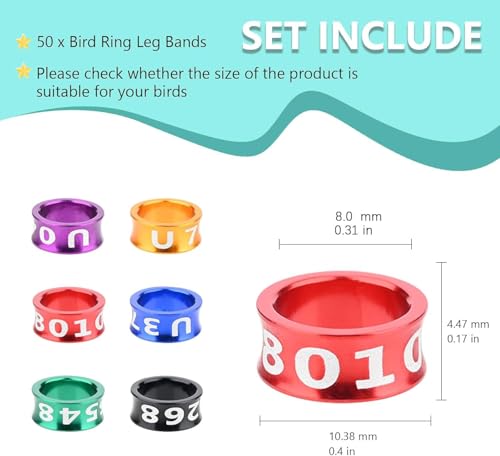 Bird Ring Leg Bands Aluminium Leg Rings Bird Identify Band for Hibiscus Birds, Parrots, Peonies, etc.Mixed Colors 50 PCS Per Pack（ID 8.0MM） - size: ID8.0MM