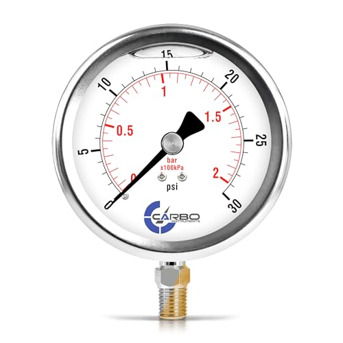 30 PSI Glycerin Liquid Filled Pressure Gauge, 4" Dial, 1/4 NPT Lower Mount, 304 Stainless Steel Case, Brass Wetted Parts, Dual Scale PSI/Bar - ASME B40.1 Grade A - size: 0-30 Psi, style: STANDARD