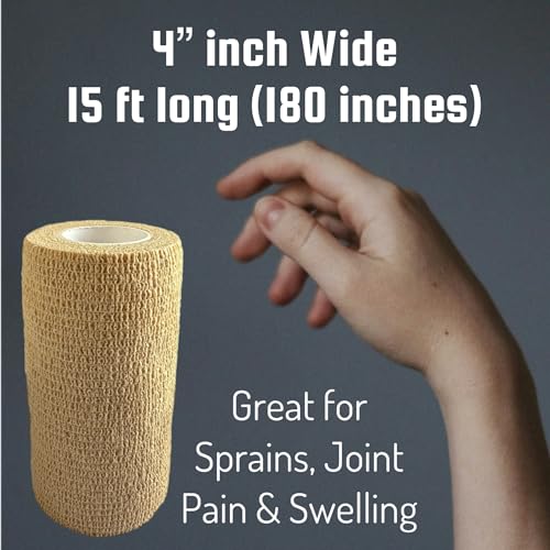 4" x 5 yrd Beige Self Adhesive Flexible Bandage Wrap Stretch Roll Tape Wrist Ankle Hand Leg Medical Grade Sports Compression Lymphedema Individually Wrapped Sprains Support First Aid Pets Cat Dog