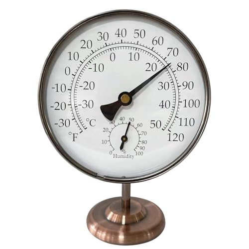 4’’ Outdoor Thermometer Hygrometer with Stand,Metal Waterproof Thermometer Gauge for Patio Indoor Outdoor Use,Easy Read Celsius Fahrenheit Dial,Battery Free,Weather Dial Hygrometer Thermometer
