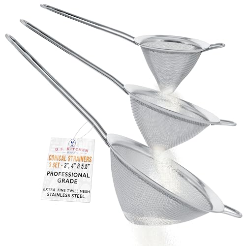 U.S. Kitchen Supply Set of 3 Stainless Steel Conical Strainers - 3", 4" & 5.5" Sizes - Chinois Style, Extra Fine Twill Mesh Sieve, Stainless Steel Strainers and Colanders for Kitchen