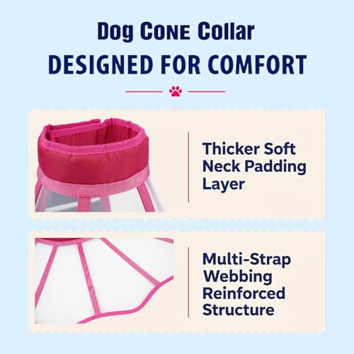 Hard Plastic Dog Surgery Recovery Cone Collar with Soft Neck Pad, Rosered M | Extender & Clear Vision Cone for Dogs to Stop Licking, Comfy Dog Head Cones, Extra Long Elizabethan Collar & Cone of Shame - color: Rosered, size: Medium