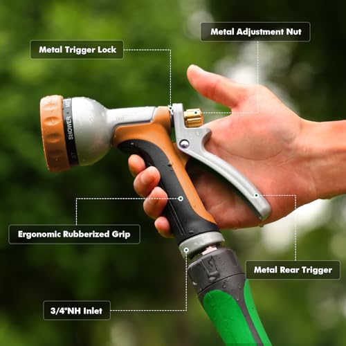 RESTMO Garden Hose Nozzle Heavy Duty, Rear Trigger Water Sprayer, Orange | 7 Adjustable Spray Patterns, Durable Metal, Flow Control, Ideal for Plants & Lawns Watering, Cars & Pets Washing - color: Orange