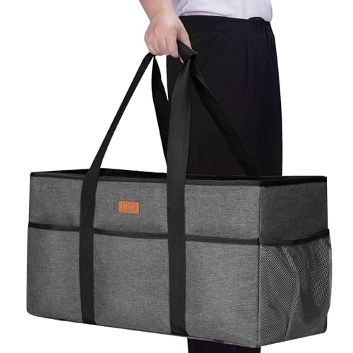 LHZK Stand Up Extra Large Utility Tote Bag with Lid, Utility Tote Bag with Metal Wire Frame and the Sides Rinforced, Reusable Grocery Bags Foldable, Beach Bag, Car Tote (Gray) - color: Gray, size: 22.5''x10.3''x12''-1 Pack