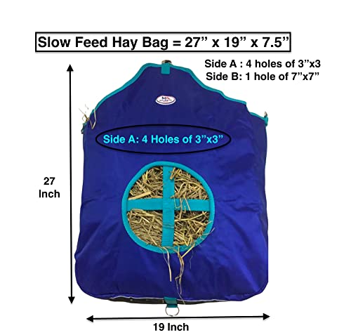 Majestic Ally Nylon Hay Feeder Tote Bag for Horse, Goat, Sheep - Double Sides Open Feed Hole with Faux Leather Ventilated Bottom- Premium Quality -Simulates Grazing - Reduces Waste (Royal Blue) - color: ROYAL BLUE