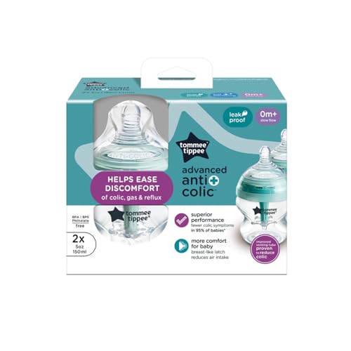 Tommee Tippee Advanced Anti-Colic 5 oz BPA Free Baby Bottles, Newborn 0+ Months, Slow Flow Breast-Like Nipple, Unique Design Keeps Air Away from Milk and Baby, Clear, Pack of 2 | Pack of 2, Slow Flow Breast-Like Nipple, Unique Design Keeps Air Away from M