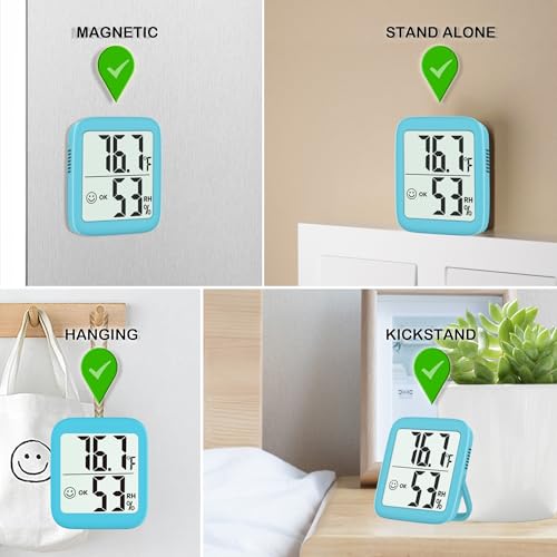 Antonki 2 Pack Room Thermometer Indoor Hygrometer | Monitor Temperature & Humidity, Accurate, Fast Read, Easy To View, Magnetic/Kickstand/Hanging, ℉/℃, w/ Battery, Compact - color: 2 Pcs* Clear Blue