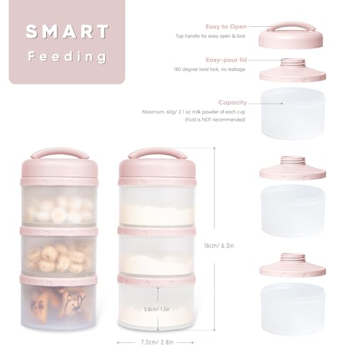 Termichy Stackable Formula Dispenser Portable Milk Powder Container, 2 Pack, Light Pink | Separated Compartments Premeasure Storage - Mess-Free Funnel Spout for No-Spill Pouring - for Home or Travel Use - color: Light Pink