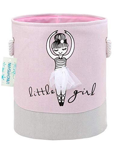 Round Thick Pink Laundry Basket Collapsible Organizer Boys Girls | Canvas Foldable Storage Hamper Sturdy Rope Handles for Household Gift Baskets Bedroom Clothes Toys Children Nursery - color: Pink