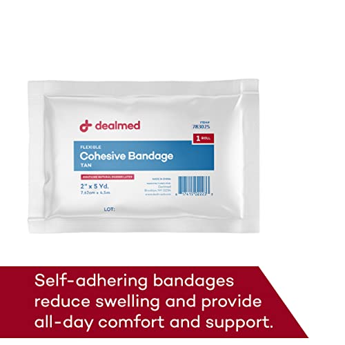 Dealmed Non-Adherent Cohesive Bandage Wrap – 2" x 5 Yards, 1 Roll Non-Woven Breathable Self Adherent Wraps for First Aid Kits, Athletics, Swelling, Sprains, Animal Wraps, Tan - color: 1 Roll (Tan), size: 2" x 5 yards