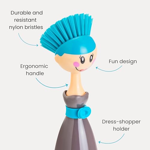 Vigar Dolls Dish Brush with Handle and Holder, Gray, Blue | Dish Scrubber, Kitchen Scrub Brush, Dishwashing Brush Tool for Kitchen Sink Cleaning, Cute Standing Design - color: Gray, Blue