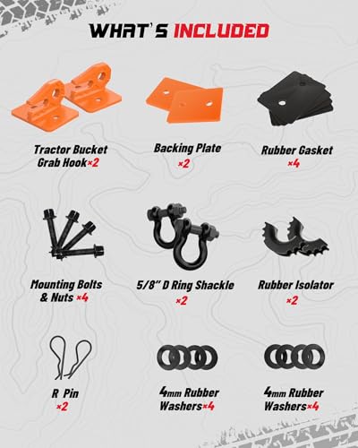 Tractor Bucket Grab Hook with 5/8" D-Ring Shackle Combo, Bolt-On Tow Hook and D-ring Shackle, Matching Backing Plate, Rubber Gaskets & Isolators, 20000LBS Breaking Strength, 2 Set, Orange&Black - color: Orange&Black