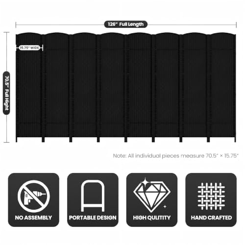 8 Panel Folding Room Divider,Woven Privacy Screen,Black | Solid wood frame, handcrafted diamond pattern, 6FT tall, extends to 126 inches wide, no assembly required - color: Black, size: 8-Panel