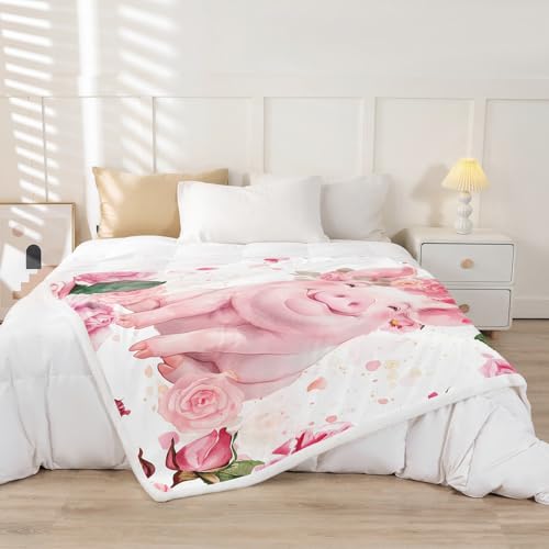 Lovely Pig Kids Throw Blanket,Roses Flowers Dreamy Bed Blanket for Girls Women,Cartoon Animal Cute Livestock Rustic Fleece Blanket,Pink Romantic Fuzzy Blanket,Twin Size (60 x 80 Inches) - color: Pink Green White, size: Twin