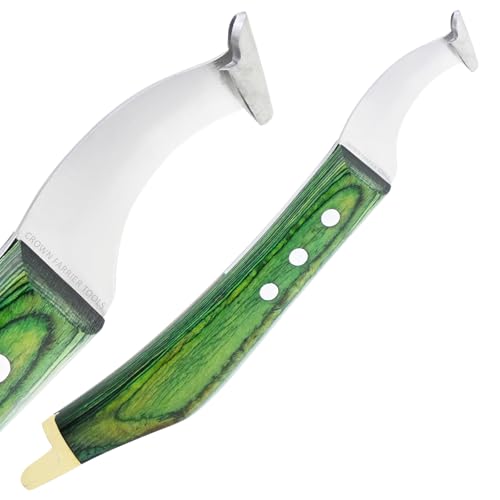 – Super Sharp Hoof Knife with Brass End | Precision-Sharpened Stainless Steel Blade & Wooden Handle | Pro Farrier Hoof Trimming Tool for Horses & Equine (Green, Left-Hand)