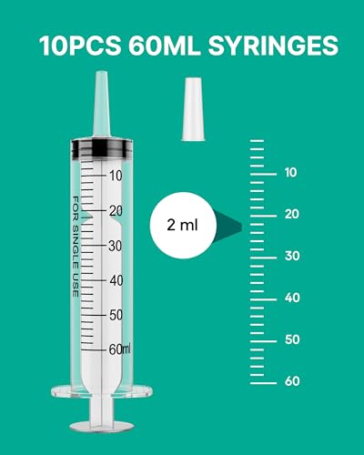 10 Pack 60ml Feeding Syringe for Liquid without Needle Individually Wrapped | with cap, clear scale, non-slip bottom for pet feeding, liquid dispensing, scientific labs, plant cultivation and crafts