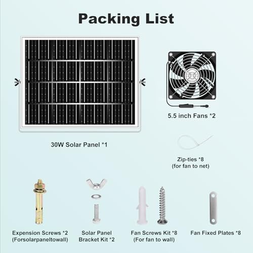 5.5'' Solar Greenhouse Fan 2 Kit, 30W Solar Powered Exhaust and Intake Chicken Coop Fan, Strong Airflow & Waterproof, 16.5 ft Cord, for Outdoor Shed Air Circulation and Ventilation, No Battery - size: 5.5" Fan 2 Kit