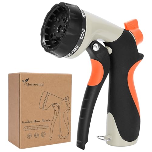 Garden Hose Nozzle, Heavy Duty Metal Water Nozzle with 8 Adjustable Spray Patterns, High Pressure Ergonomic Flow Control for Watering Plants, Lawns, Washing Cars, Pets, Black with Orange