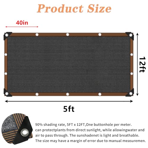 90% Shade Cloth -for Garden Plant,Resistant Shade Neting with Grommets Outdoor Sun Black Shades Cover Shading Antifreezing for Plant Pergola Patio Shade Mesh Tarp Greenhouse Chicken Coop - size: 5x12FT
