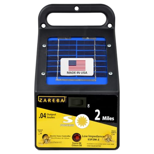 Zareba Solar Powered Low Impedance Electric Fence Charger - 2 Mile Solar Powered Electric Fence Energizer, Contain Small Animals and Keep Out Predators - ESP2M-Z