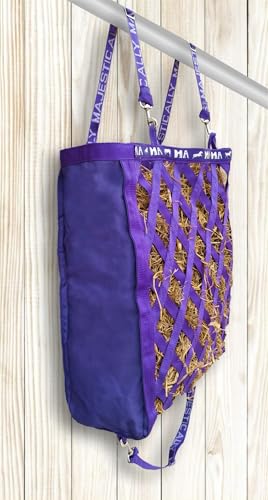Majestic Ally Double Side Open Slow Feeder Hay Bag - Diamond Shaped Obliquely Placed Webbing (Purple) - color: Purple