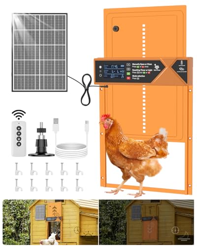 Large Automatic Chicken Coop Door Solar Powered 4000mAh High Capacity | 7W Solar Chicken Coop Door with Timer & Light Sensor, Anti-Pinch Safety, Wire Clips & Remote Control, Aluminum Chicken Door - color: Orange