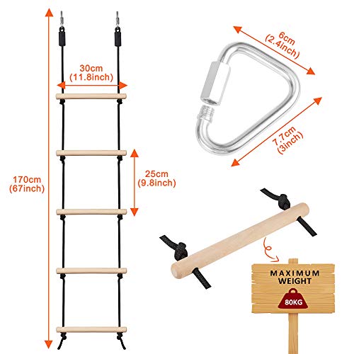 Rope Ladder for Kids, Wooden Climbing Obstacle Swing Ladder | Rope Ladder with 2 Hooks, Climbing Rope for Kids, Hanging Ladder for Swing Accessories, Playground Game, Play Set Outdoor