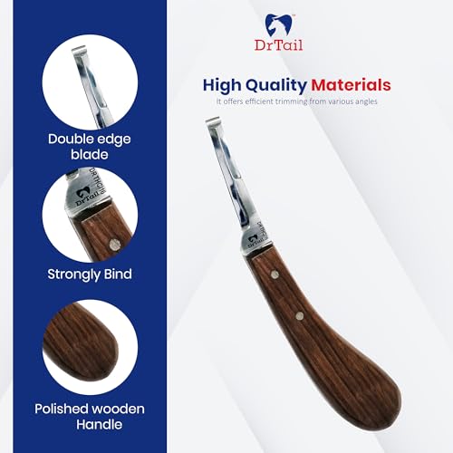 Hoof Knife Double Edged Curved Blade – Stainless Steel Curved Blade Farrier Tool with Wooden Handle, Multipurpose Hoof Trimming Knife for Livestock, 3-Inch Blade, 8.5-Inch Overall (Double-Edge - RH) - style: Double-Edge - RH