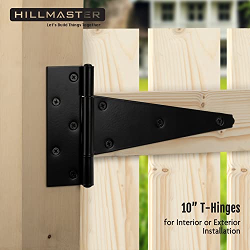 HILLMASTER 10 Inch T-Strap Heavy Duty Shed Door Hinges Gate Strap Hinges Black Tee Hinge Wrought Hardware for Wooden Fences,Yard,Barn Door,Rustproof (4 Pack) - size: 10in 4Pack