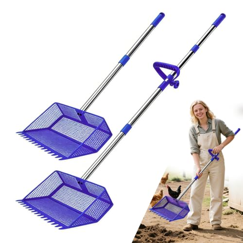 2026 Latest 12inch 2-in-1 Chicken Poop Scooper & Rake with Handle, Heavy-Duty Metal Chicken Coop Scoop for Sand Sifting Shovel Litter Scooper for Farm House Chicken Coop Cleaning Tools Accessories - color: Blue