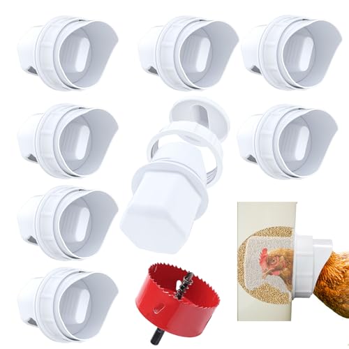 Chicken Feeder No Waste DIY Automatic Poultry Feeders 8 Ports with Covers Gravity Feed Kit for Buckets, Barrels, Bins, Troughs