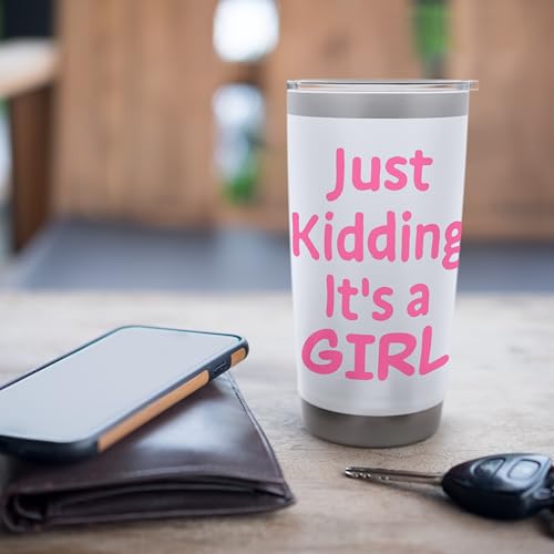 Just Kidding It's a Girl Pink Gender Reveal Party Supplies Stainless Steel Insulated Tumbler - color: White, size: 20 Ounces