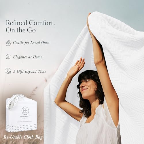 Threadmill Luxury 100% Cotton Twin Herringbone Blanket, Bright White | All-Season Thermal Throw Blanket, Soft & Breathable, Cozy Moisture-Wicking, OEKO-TEX Certified, Machine Washable, 68x92 in - color: Bright White, size: Twin (68" x 92")