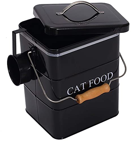 Cat Food Treat Storage Container with lid scoop included - Perfect Farmhouse Cat Food Bin for Kitchen Countertop, Shelf, Decoration Home - Cat Food - Black - color: Black Cat Food