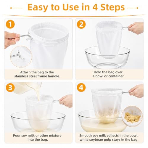 RAINFLOW 3PCS Ultra Fine Mesh Strainer Bags with Stainless Steel Handle | Reusable Nut Milk and Cheesecloth Filter Bags for Straining Milk, Coffee, Juice, Yogurt and Other Kitchen Foods