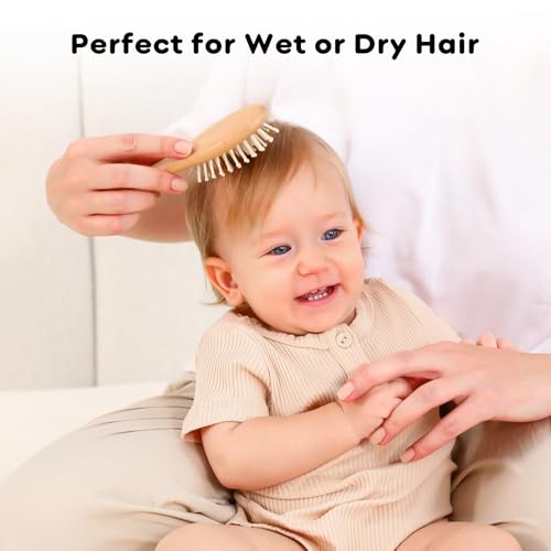 Yoofoss 4 Piece Baby Brush and Comb Set, Wooden Baby Brush with Natural Ultra Soft Goat Hair, Baby Hair Brush for Newborn, Baby Brush Set for Boy Girl - color: Wood