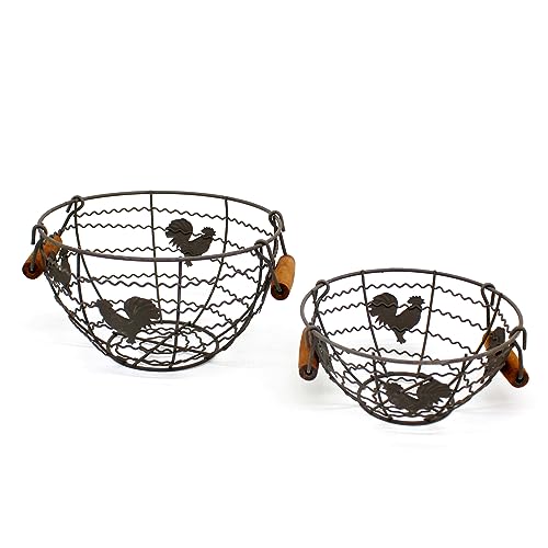 Round Wire Egg Baskets Rustic Fruit Baskets with Wooden Handles Farmhouse Collecting Basket. Rusty, Set of 2