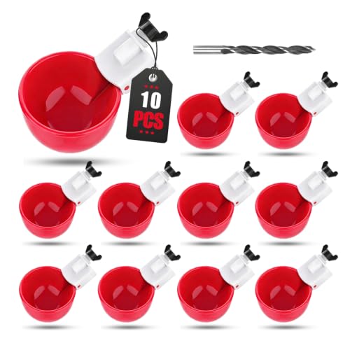 10 Pack Auto Chicken Poultry Waterer Cups Feeder for Diy Chicken Coop Automatic Watering Cup Dispenser Drinker Bebederos De Agua Para Gallinas with Mounting Hole Opener Double Leak-proof Washer - size: 10 Pcs