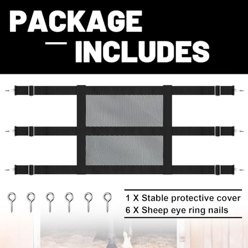 Stall Guards for Horses 57 x 18 Inch Adjustable Nylon Mesh Gate with 6 Snap Hooks and Screw Eye Hardware Black Barn Door Barrier for Stable Entry Portable Equine Stall Opening Access Divider