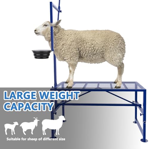 600 LBs Goat Stand with Feed Bin, Goat Milking Stand for Sheep Trimming and Milking, Hoof Trimming Stand Adjustable Size, with Feeder, Iron Blue - color: Blue, size: L - 47 inch