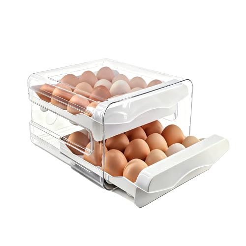 2 Tier 32 Egg Holder for Fridge Egg Organizer Clear Egg Tray | Eggs Storage with Drawer,Eggs Container with Handles,Space Saving,Countertop Kitchen Baking