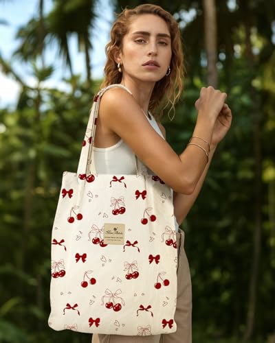 Miss Adola Corduroy Tote Bag for Women with Aesthetic Design | Magnetic Buckle & Pocket, Reusable, Soft, Roomy, Long Shoulder Handles, Double-sided Print, Casual Daily Work, Grocery Bags - color: Bow Cherry, size: Large