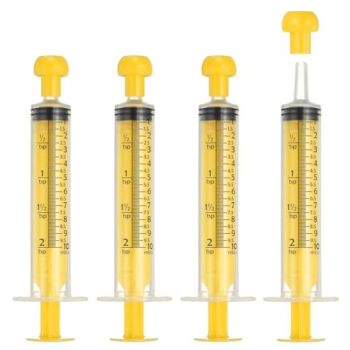 Feeding Syringes with Cap, Plastic Syringes for Liquid Pet Feeding Measuring Tool No Needle 10ml, (Yellow, 4 Pcs), Intended for Dog / Cat / Rabbits / Small Animal / Scientific Lab - color: Yellow