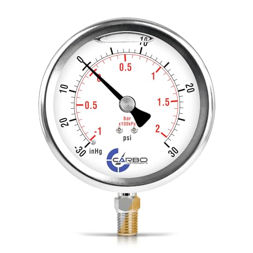 Carbo Liquid Filled Compound Pressure Gauge -30 inHg to 30 PSI with NIST Traceable Certificate, Calibrated in USA Lab, 4" Dial, 1/4 NPT Lower Mount, ASME Grade A, 304 SS Case, Brass Parts, inHg/Bar - size: -30inHg / 0 / +30Psi, style: NIST TRACEABLE