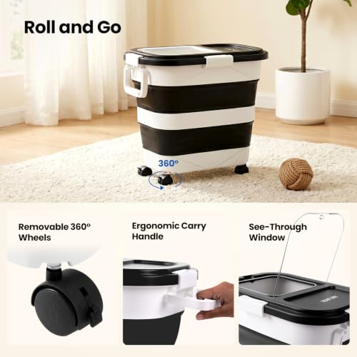 Dog Food Storage Container 30-40lbs, Airtight Pet Food Bin w/ Clear Window | Collapsible Rolling Storage Container with Wheels and Scoop; Black - color: Black-L