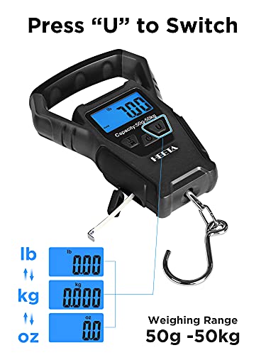 HEETA Waterproof Fish Scale Digital Hanging Fishing Luggage Weight Scale | Up 110lb/50kg Portable Scale with Backlit LCD Display, for Home & Outdoor, Measuring Tape and 2 AAA Batteries Included - color: Black