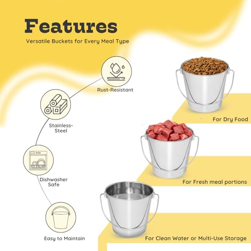 6Qt Stainless Steel Hanging Water Bucket for Dog Kennel 2-Pack | Food & Water Pail, 1.5 Gallon Capacity, Heavy-Duty, Round Design with Carry Handle, Ideal for Dog, Cats, Goats & farm animals - size: 6 Quart (Pack of 2)